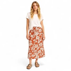 Old Navy Linen Blend Floral Midi Skirt Red Slit Hem Sz‎ L